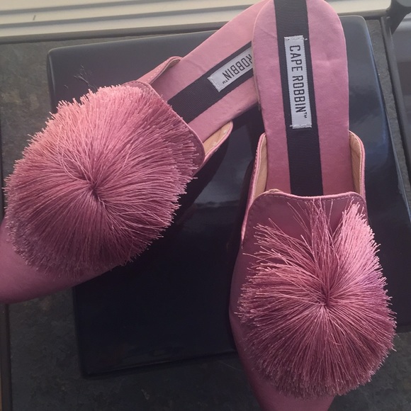 Light Pink Satin Mules with Silk Pom - Picture 2 of 3